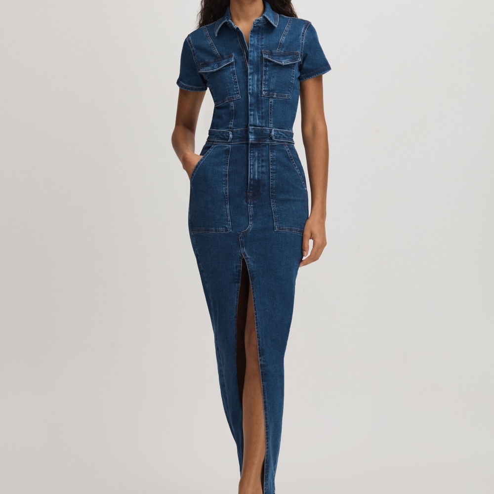 Good American Dark Blue Denim Maxi Shirt Dress